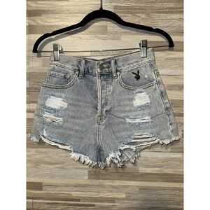 Pacsun Playboy Bunny Floral Embroidered Denim Buttonfly Shorts Women's 24 Waist
